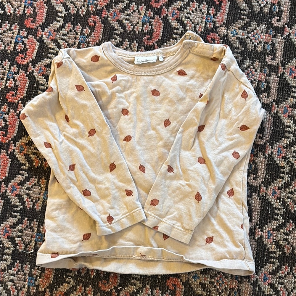 City Mouse Tan Long Sleeve Top with Rust Leaf Print